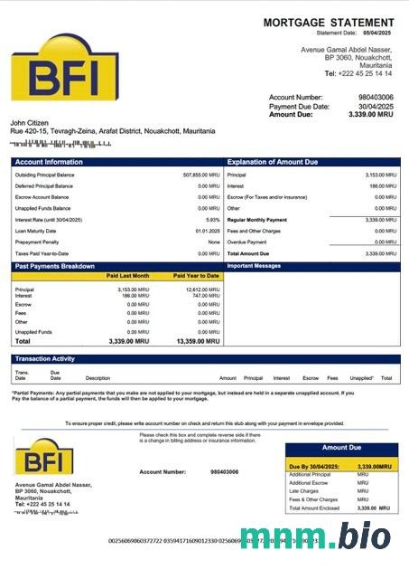 Mauretania Banque des Financements Islamiques (BFI) wyciąg z kredytu hipotecznego szablon Word i PDF